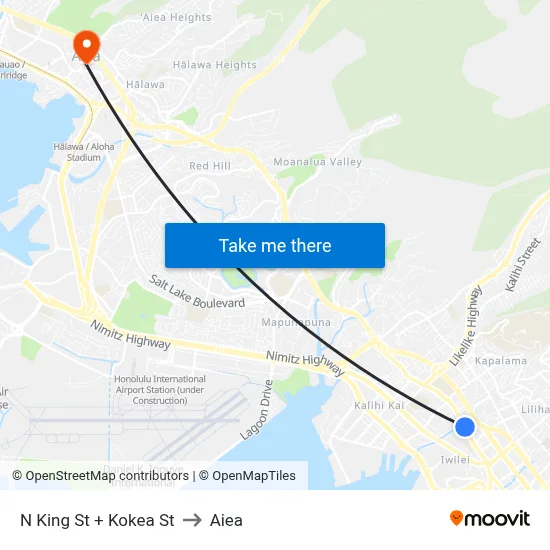 N King St + Kokea St to Aiea map