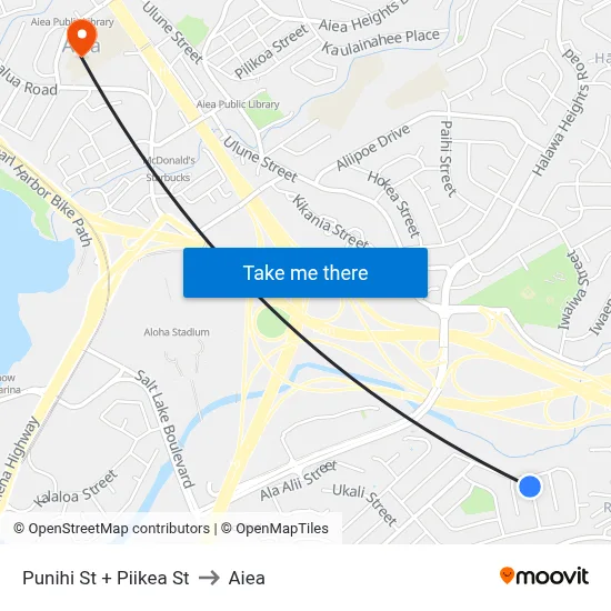 Punihi St + Piikea St to Aiea map
