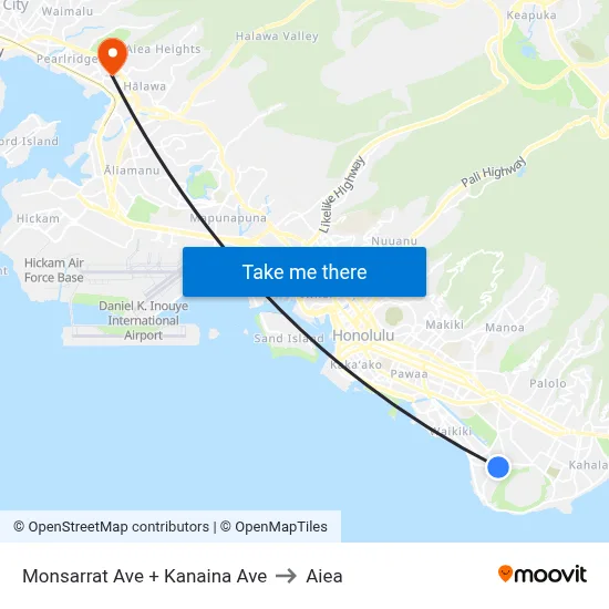 Monsarrat Ave + Kanaina Ave to Aiea map