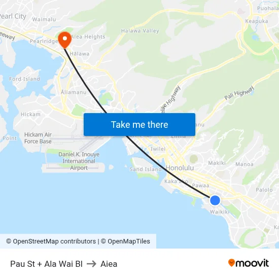 Pau St + Ala Wai Bl to Aiea map