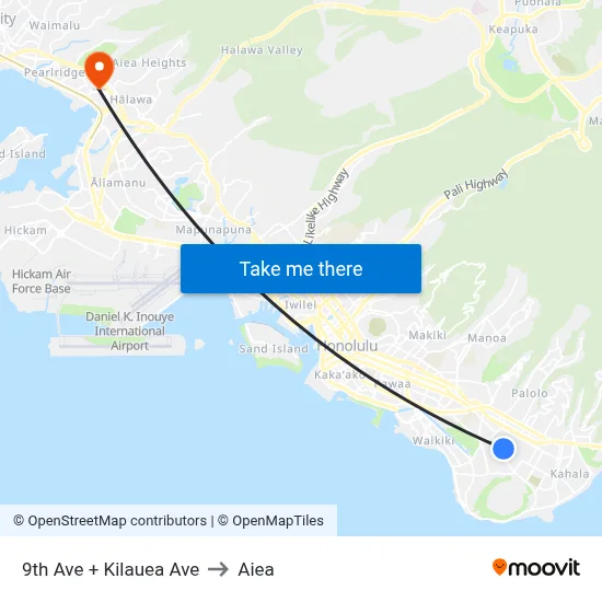 9th Ave + Kilauea Ave to Aiea map