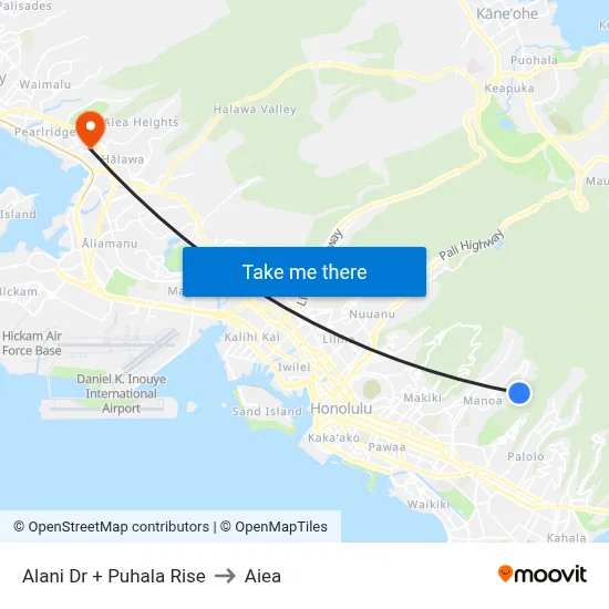 Alani Dr + Puhala Rise to Aiea map