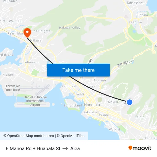 E Manoa Rd + Huapala St to Aiea map