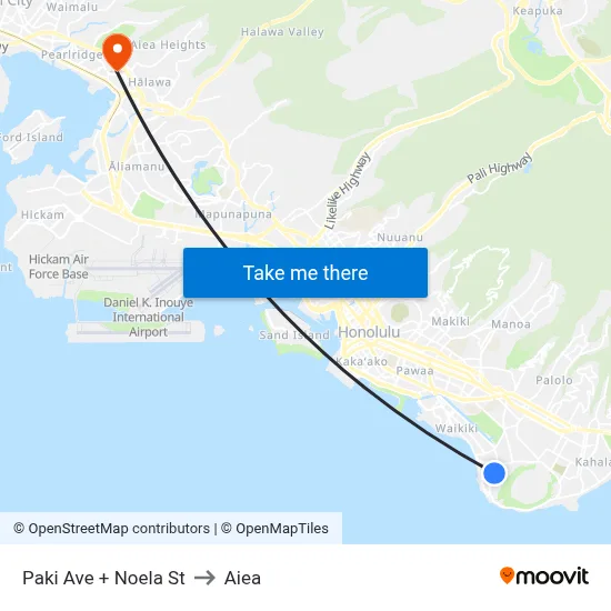 Paki Ave + Noela St to Aiea map
