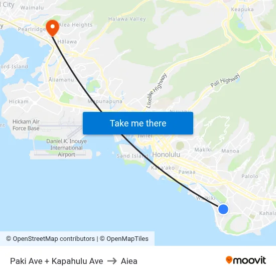 Paki Ave + Kapahulu Ave to Aiea map