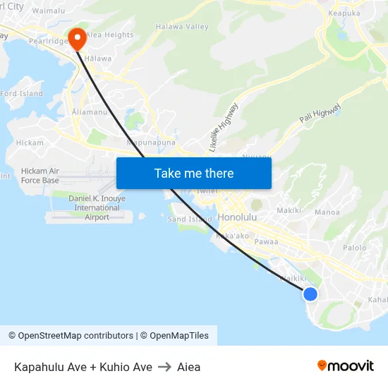 Kapahulu Ave + Kuhio Ave to Aiea map
