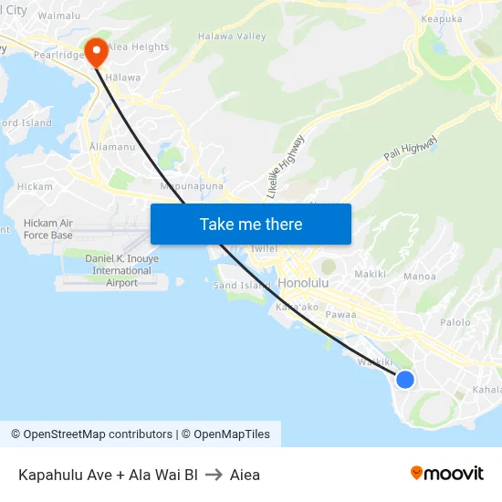 Kapahulu Ave + Ala Wai Bl to Aiea map