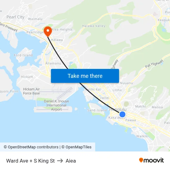 Ward Ave + S King St to Aiea map