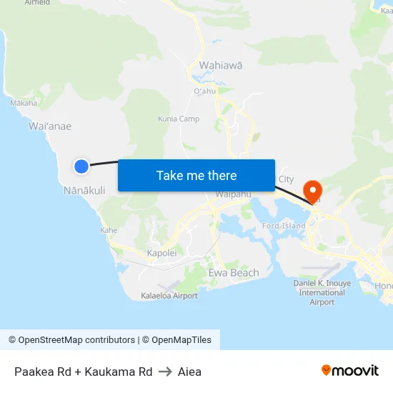 Paakea Rd + Kaukama Rd to Aiea map