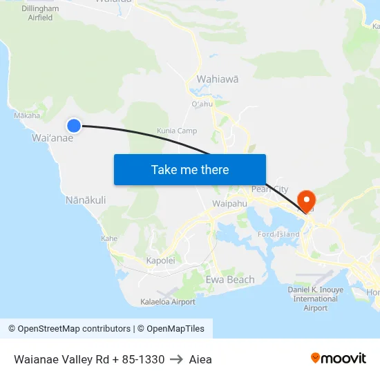 Waianae Valley Rd + 85-1330 to Aiea map