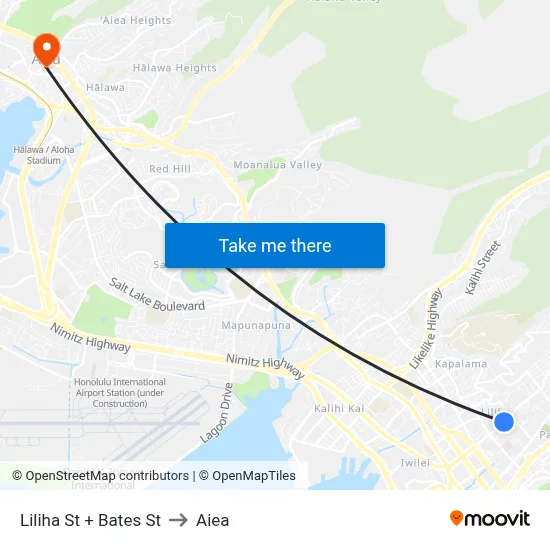 Liliha St + Bates St to Aiea map