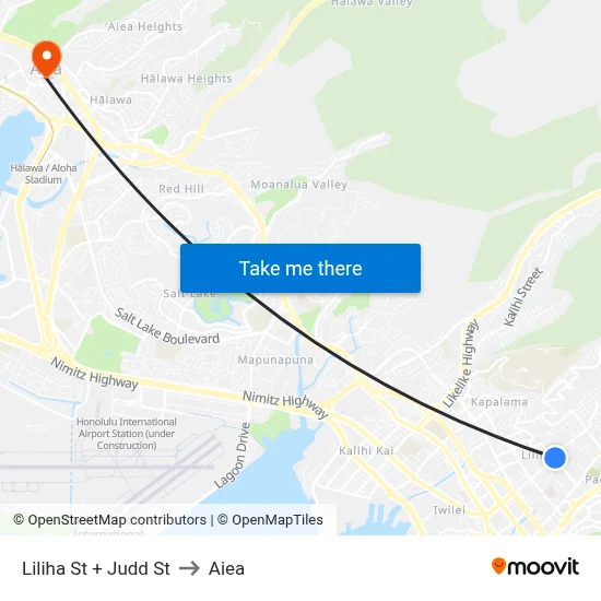 Liliha St + Judd St to Aiea map