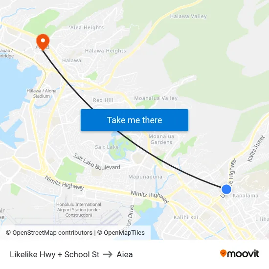 Likelike Hwy + School St to Aiea map