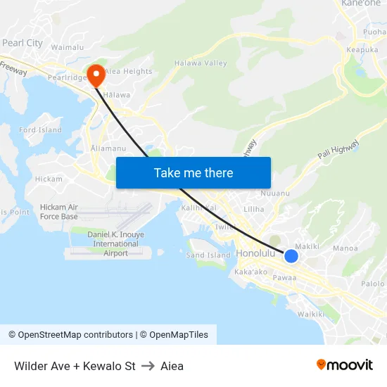 Wilder Ave + Kewalo St to Aiea map