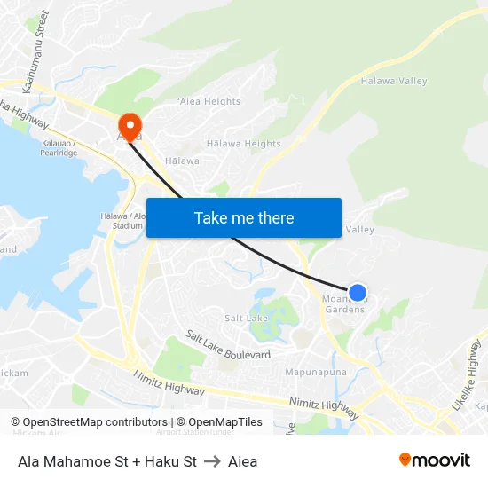 Ala Mahamoe St + Haku St to Aiea map