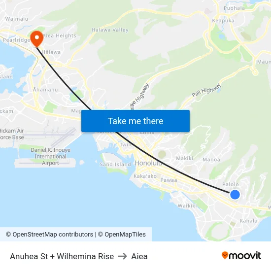 Anuhea St + Wilhemina Rise to Aiea map
