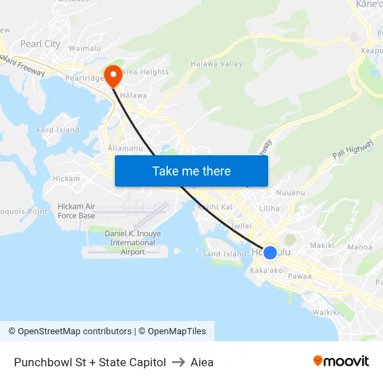Punchbowl St + State Capitol to Aiea map
