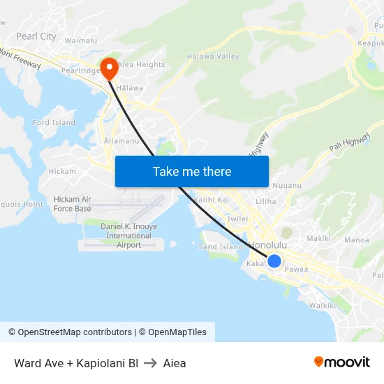 Ward Ave + Kapiolani Bl to Aiea map