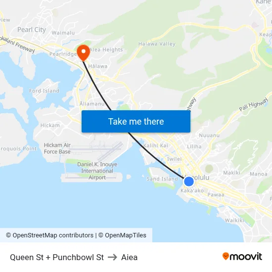 Queen St + Punchbowl St to Aiea map