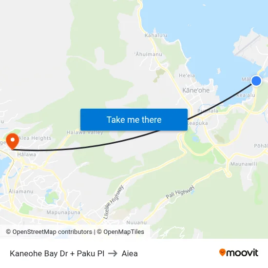 Kaneohe Bay Dr + Paku Pl to Aiea map