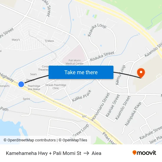 Kamehameha Hwy + Pali Momi St to Aiea map