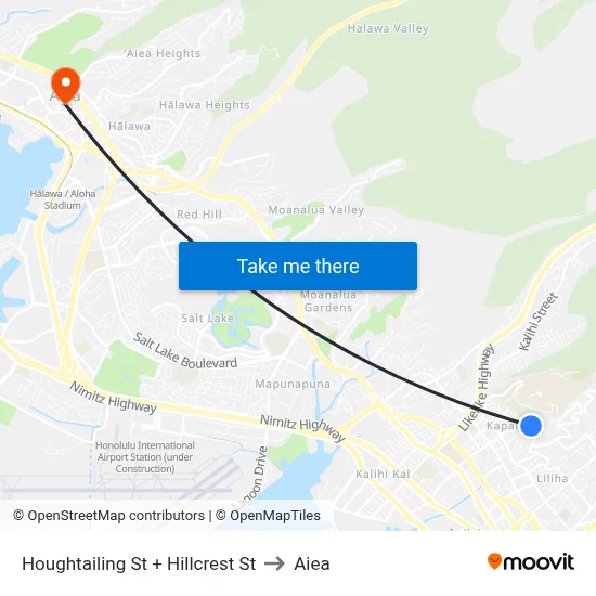 Houghtailing St + Hillcrest St to Aiea map