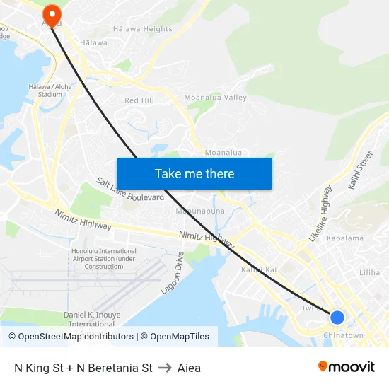 N King St + N Beretania St to Aiea map