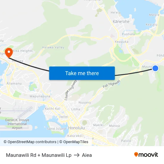 Maunawili Rd + Maunawili Lp to Aiea map