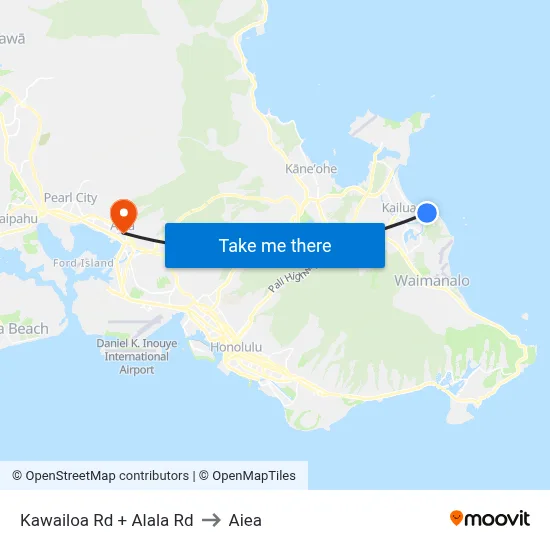 Kawailoa Rd + Alala Rd to Aiea map