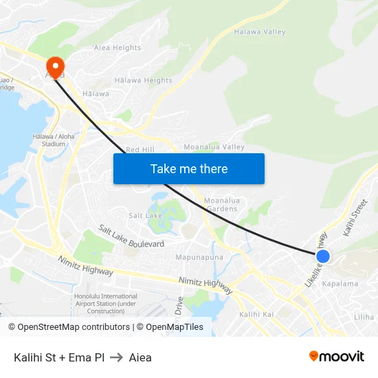Kalihi St + Ema Pl to Aiea map