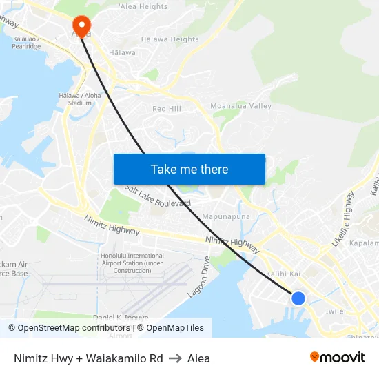 Nimitz Hwy + Waiakamilo Rd to Aiea map