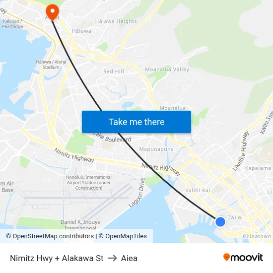 Nimitz Hwy + Alakawa St to Aiea map