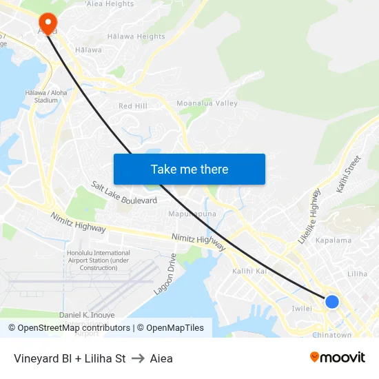 Vineyard Bl + Liliha St to Aiea map