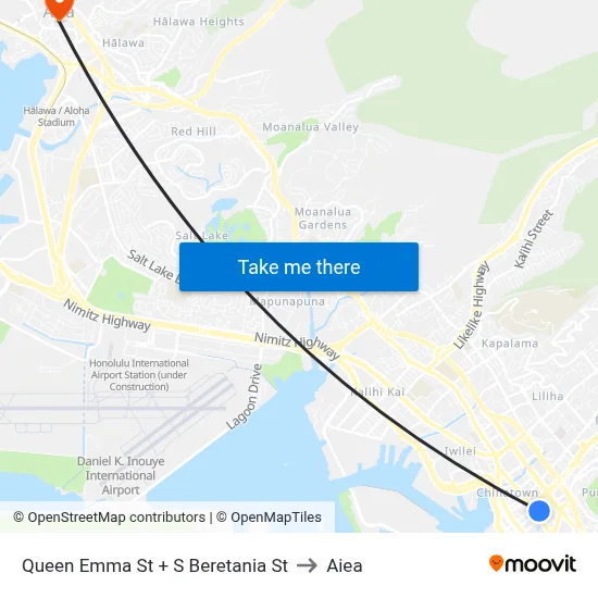Queen Emma St + S Beretania St to Aiea map
