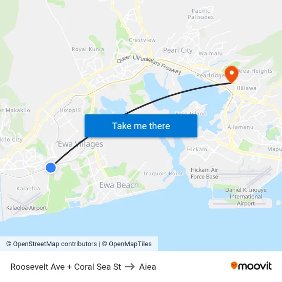 Roosevelt Ave + Coral Sea St to Aiea map