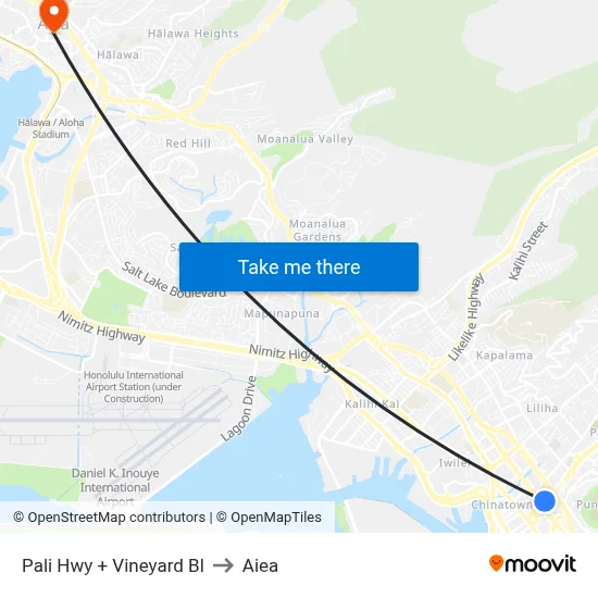 Pali Hwy + Vineyard Bl to Aiea map