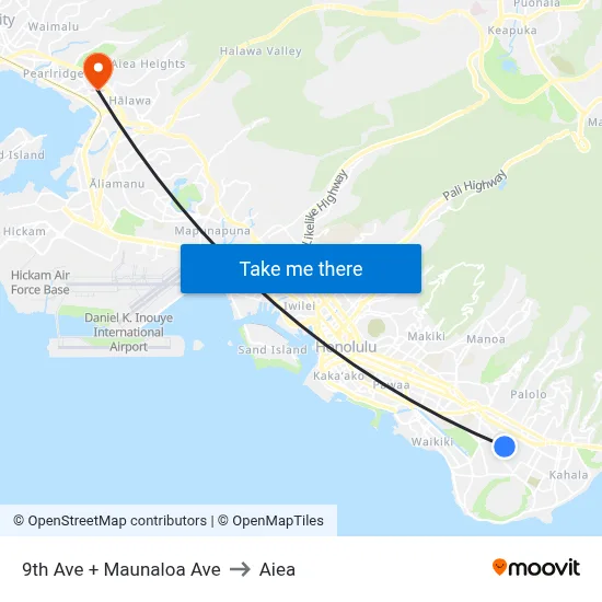 9th Ave + Maunaloa Ave to Aiea map