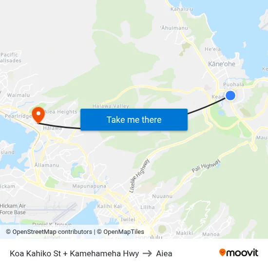 Koa Kahiko St + Kamehameha Hwy to Aiea map