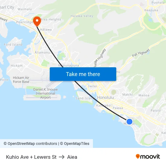 Kuhio Ave + Lewers St to Aiea map