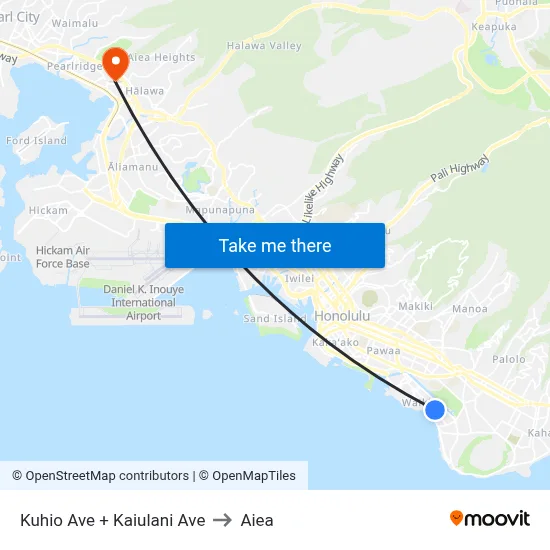 Kuhio Ave + Kaiulani Ave to Aiea map