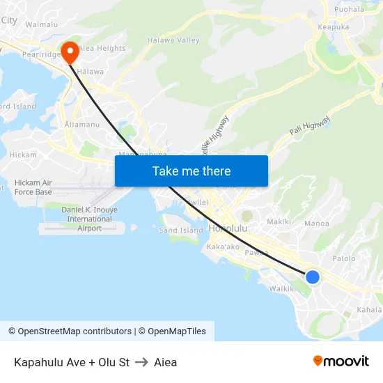 Kapahulu Ave + Olu St to Aiea map