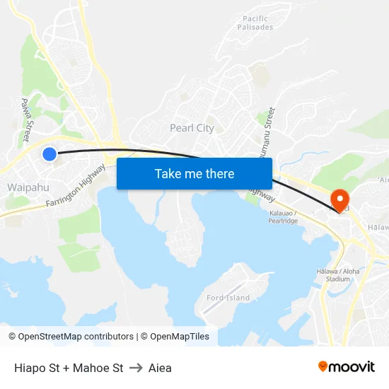 Hiapo St + Mahoe St to Aiea map
