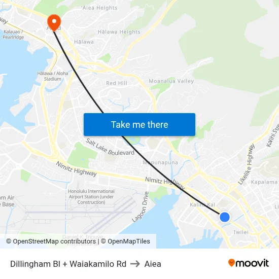 Dillingham Bl + Waiakamilo Rd to Aiea map
