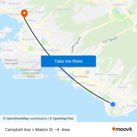 Campbell Ave + Makini St to Aiea map