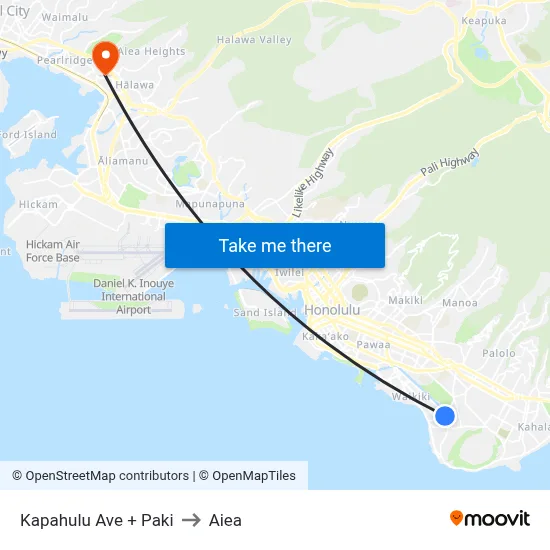 Kapahulu Ave + Paki to Aiea map