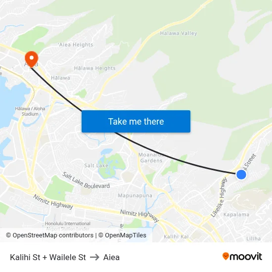 Kalihi St + Wailele St to Aiea map