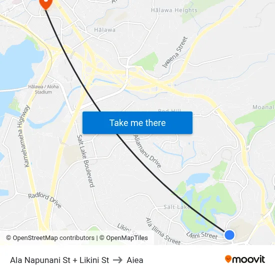 Ala Napunani St + Likini St to Aiea map