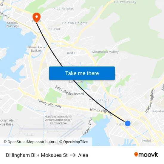 Dillingham Bl + Mokauea St to Aiea map
