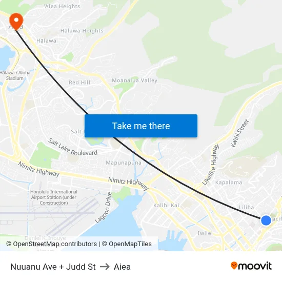 Nuuanu Ave + Judd St to Aiea map