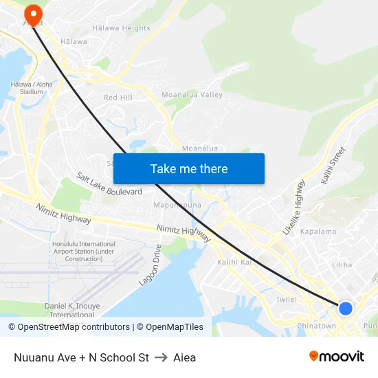 Nuuanu Ave + N School St to Aiea map
